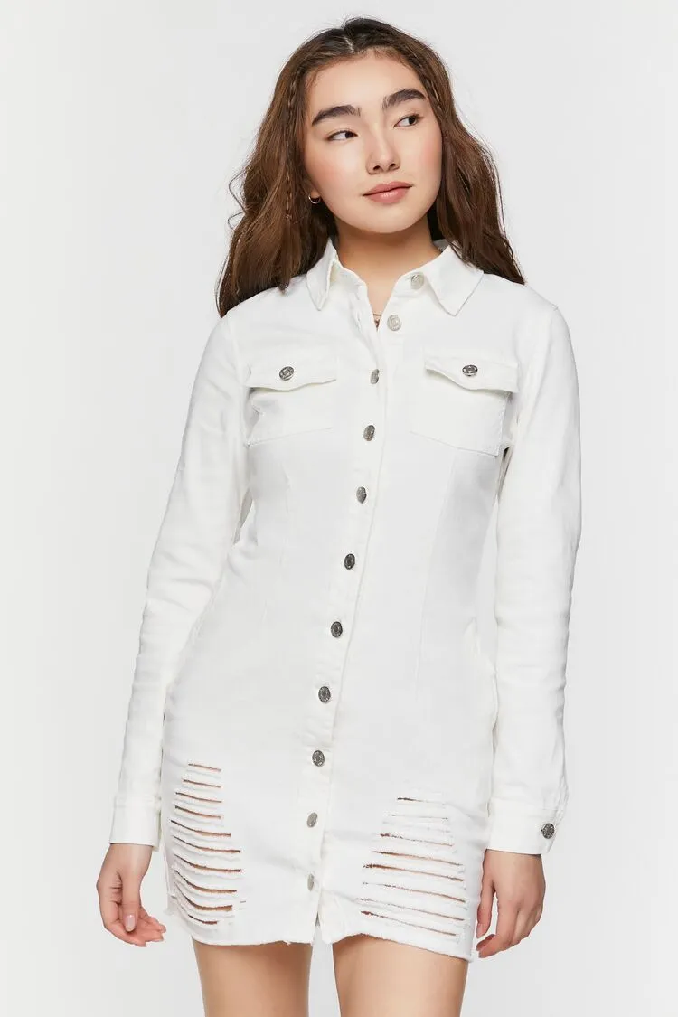 Forever 21 Women's Distressed Denim Mini Shirt Dress White Forever 21