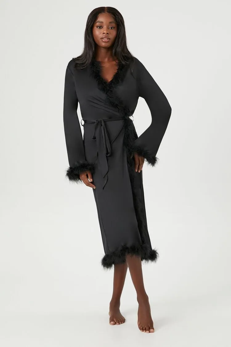 Forever 21 Women's Faux Feather-Trim Satin Robe Black Forever 21