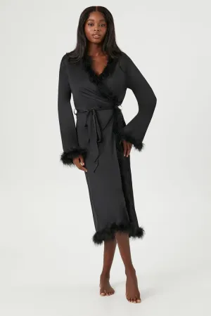 Forever 21 Women's Faux Feather-Trim Satin Robe Black Forever 21