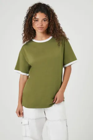 Forever 21 Women's Oversized Ringer T-Shirt Olive/White Forever 21