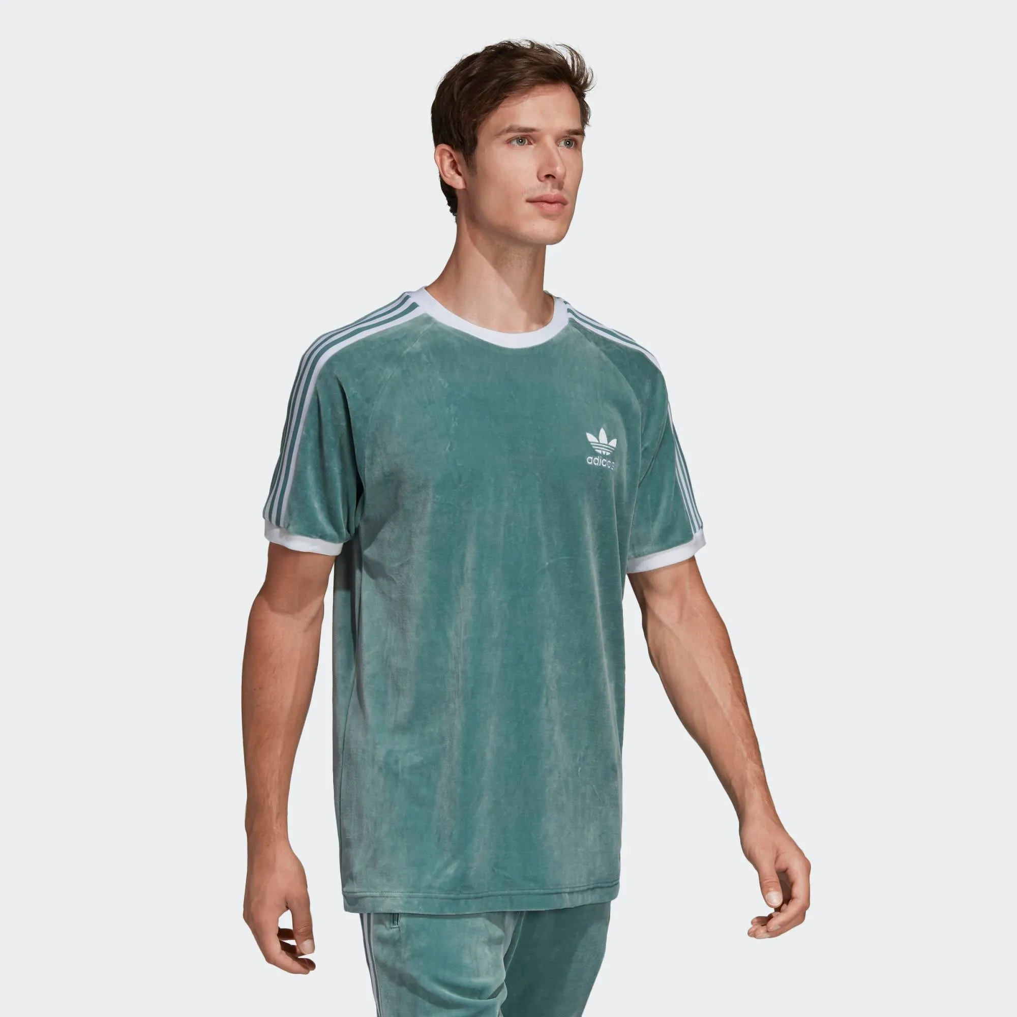 Mens Adidas Originals Cozy Velour Tee Shirt In Vapour Steel Green