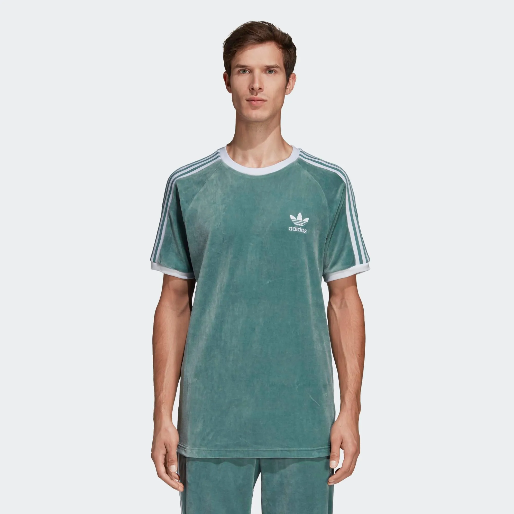 Mens Adidas Originals Cozy Velour Tee Shirt In Vapour Steel Green